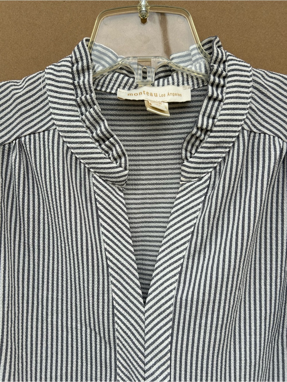 Monteau Peplum Stripped Blouse Ruffle Neck Long Sleeve v-neck Medium Grey White - Picture 4 of 8